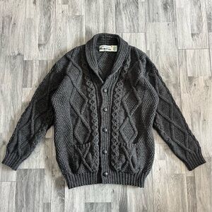 Aran Crafts Shawl Collar Button Cardigan Charcoal Gray Merino Wool